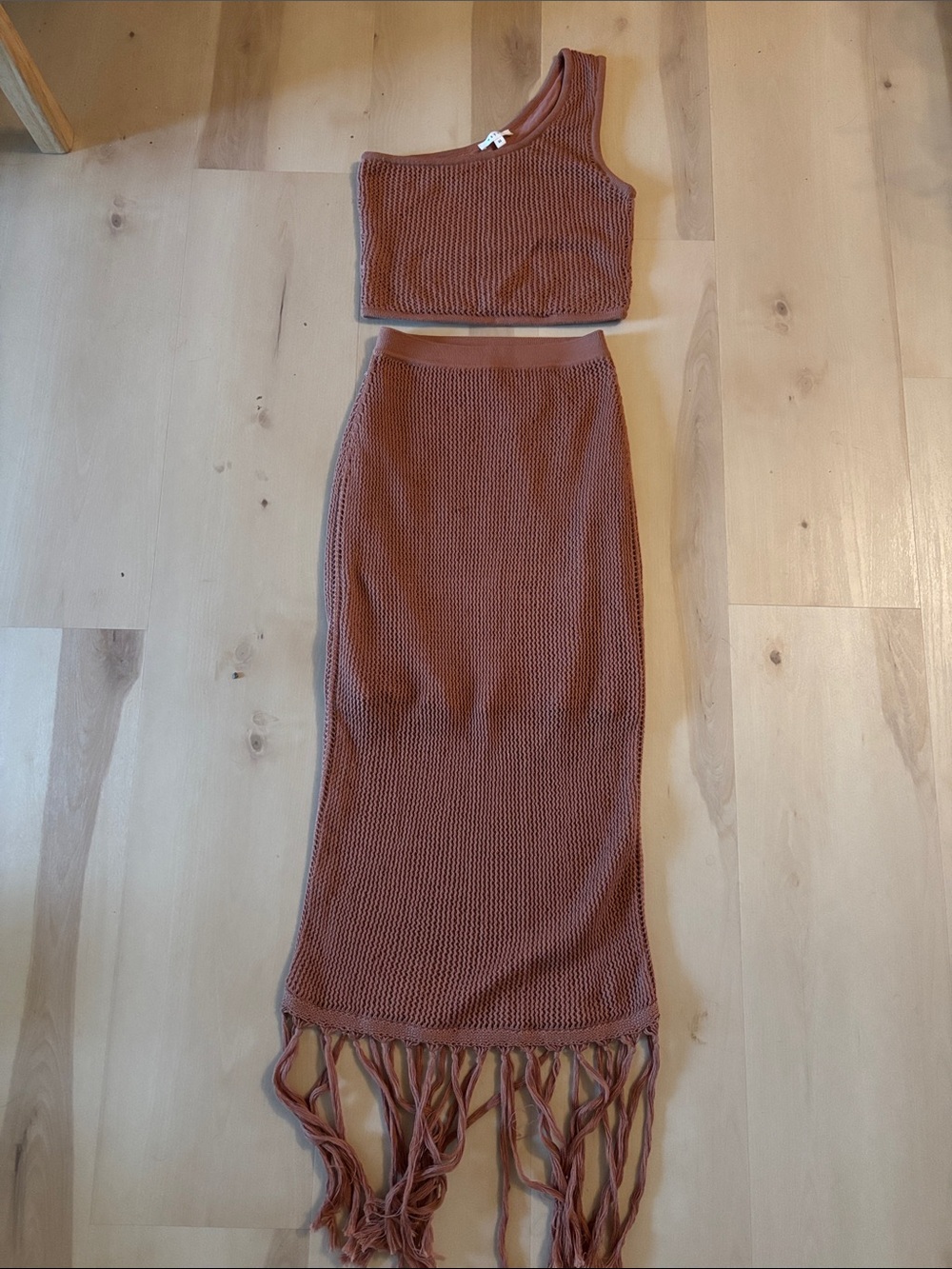 VETTA coral Brown Knit Maxi Skirt with Fringe
